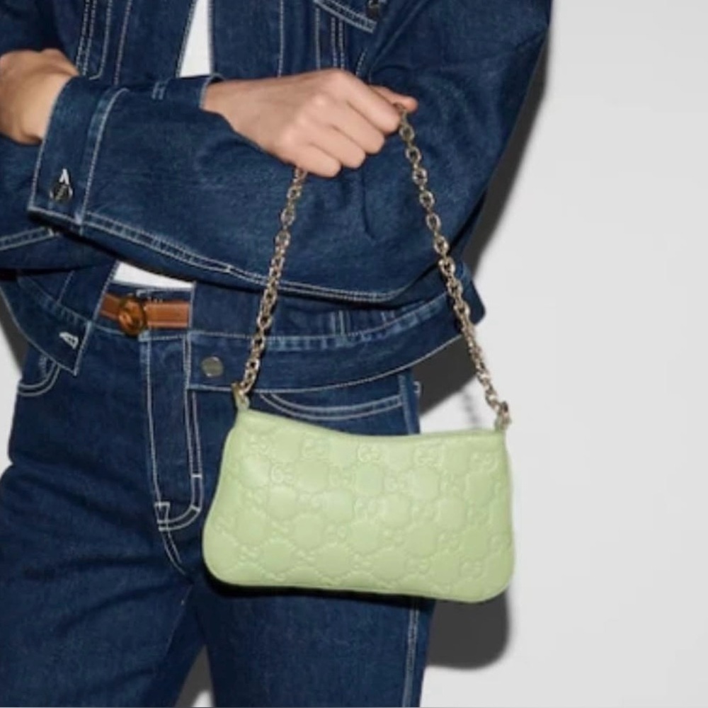 New Gucci Brainy GG Emblem leather shoulder crossbody mini bag pouch, green - Picture 2 of 13